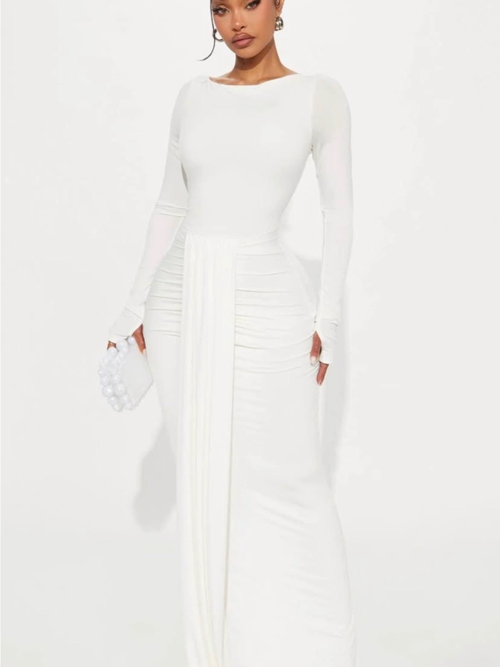 Fashion Nova White Long Sleeve Ruched Maxi Dress